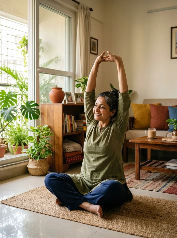 A homemaker stretching peacefully and comfortably at home