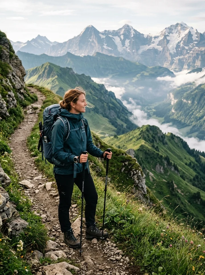 A hiker trekking along scenic mountain peaks